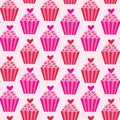Cute Cupcakes with red hearts seamless pattern in red and pink over light background