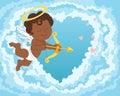 Cute cupid angel with bow and arrow in the clouds in the sky. Cupid with a halo. Illustration for wedding, valentine