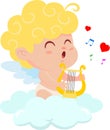 Cute Cupid Angel Cartoon Character Sing A Love Song With Harp Over Clouds