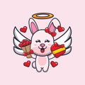 Cute cupid bunny cartoon character holding love gift and love bouquet. Royalty Free Stock Photo