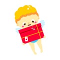 Cute Cupid with gift box. cartoon St Valentines day character. Amur boy deliver valentines post, presents. Isolated angel for