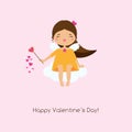 Cute Cupid girl sitting on cloud and spreading love hearts. St Valentines day background