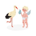 Cute Cupid Giving Baby to Stork, Amur Baby Angel, Happy Valentine Day Symbol Vector Illustration