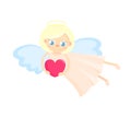 Cute cupid with heart. For a valentine or a card for Valentines Day. Nice blond girl fly