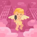 Cute cupid pointing a gun at you in a city street. Valentines Day background Royalty Free Stock Photo