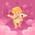 Cute cupid postman delivering a love letter. Valentines day greeting card flat illustration Royalty Free Stock Photo