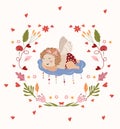 Cute cupid for valentine's day with leaves and flowers around. Dreamy cupid as a symbol of love. February 14 is the