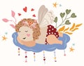 Cute cupid for valentine's day with leaves and stars around. Dreamy cupid as a symbol of love. February 14 is the