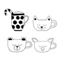 cute cups set hand drawn doodle. vector, minimalism. hot drink, cocoa, coffee, tea, sticker, icon, menu.