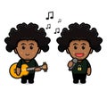 Cute curly boy playing guitar and singing cartoon icon vector illustration