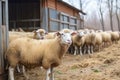 Cute curly haired sheep herd stands in large farm yard on sunny day livestock animals