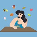 Cute curvy girl on a diet. A fat woman prefers lettuce leaves, although she dreams of other products. Healthy eating vs