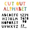 Cute cut out alphabet with numbers and punctuation marks. Set of black vector letters