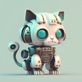 Cute cyber cat robot 3d render, white, grey and metall, with blue eyes on light grey background