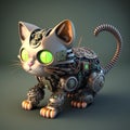 Cute cyber cat robot, metallic with green eyes on a gray background, 3D rendering. AI generated