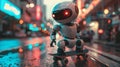 cute cyborg robot riding skate at street, funny mechanical robot skating with skateboard Royalty Free Stock Photo