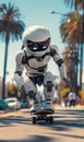cute cyborg robot riding skate at street, funny mechanical robot skating with skateboard Royalty Free Stock Photo