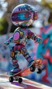 cute cyborg robot riding skate at street, funny mechanical robot skating with skateboard Royalty Free Stock Photo