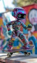 cute cyborg robot riding skate at street, funny mechanical robot skating with skateboard Royalty Free Stock Photo