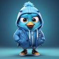 Cute 3d Cartoon Blue Bird In Urban Clothes - Photorealistic Rendering