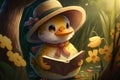 Cute 3D Cartoon Duck reading a Storybook, Generative Ai