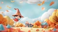 A cute 3D cartoon witch flying over a town, halloween Royalty Free Stock Photo