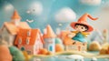 A cute 3D cartoon witch flying over a town, halloween Royalty Free Stock Photo