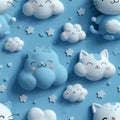 Cute 3D cat clouds - seamless pattern with a blue and white colors Royalty Free Stock Photo