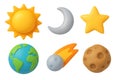 Cute 3d celestial objects set with sun, moon, star, earth, comet, and planet isolated on white background. concept of space Royalty Free Stock Photo