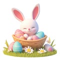 Cute 3d character kawaii sweet bunny, Easter rabbit in basket with painted eggs, flowers. funny beautiful hare. isolated