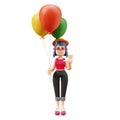 Cute 3D Charming Lady Cartoon Illustration with colorful balloons