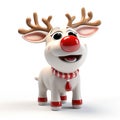 Cute 3D Christmas reindeer Rudolph nose and antlers on a snowy white background Generative AI