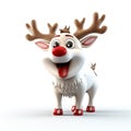 Cute 3D Christmas reindeer Rudolph nose and antlers on a snowy white background Generative AI