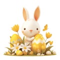 Cute 3d clay art style Easter bunny with painted eggs and flowers. Isolated sweet childish spring character element Royalty Free Stock Photo