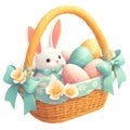 Cute 3d Easter illustration isolated on white background. Basket with bunny rabbit and painted eggs Royalty Free Stock Photo
