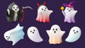 Cute 3d ghosts, render ghost halloween elements. Holiday cute horror characters, death and vampire, monster. Spooky