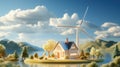 Cute 3D House With Wind Turbine And Blue Sky. Sustainable Industry And Smart House With Renewable Energies