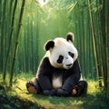 A cute 3D 4K rendering of a panda sitting peacefully in a bamboo forest, surrounded by vibrant greenery and soft sunlight Royalty Free Stock Photo