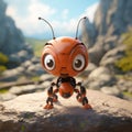 Cute 3d Orange Robot Insect On Rock - Bill Gekas Style