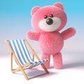 Cute 3d pink fluffy teddy bear soft toy character standing next to a deckchair, 3d illustration