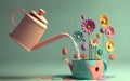 Cute 3d pink watering can watering flowers on a pastel blue background