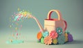 Cute 3d pink watering can on a pastel blue background