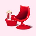 Cute 3d popcorn and soft drink with comfortable chair graphic vector illustration isolate on pink