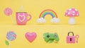 Cute 3D Rendered Collection of Playful Objects on Yellow Background Royalty Free Stock Photo