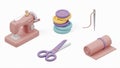 Cute 3D Rendered Sewing Kit: Pink Sewing Machine, Scissors, Buttons, Needle & Thread, Fabric Roll Royalty Free Stock Photo