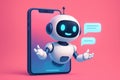Cute 3D robot character emerging from a smartphone with speech bubbles artificial intelligence chatbot Royalty Free Stock Photo