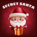 Cute 3D Secret Santa Claus illustration with a gift for Christmas. Happy holiday banner with festive design, perfect for greetings