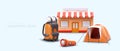 Cute 3D store with striped canopy, backpack with rolled sleeping mat, flashlight, tent