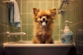 Cute dachshund dog bathes in the bath Generative AI