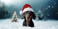 A cute dachshund dog chest deep in the snow looking into the camera, wearing Santa Claus\' hat. Snow is falling from the sky. Royalty Free Stock Photo